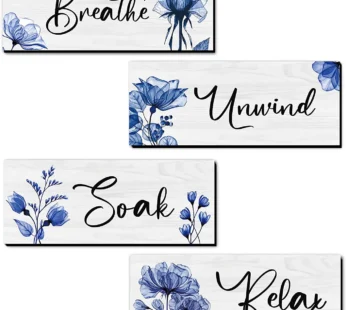 CELIVESGG 4 Pieces Bathroom Wall Decor, Blue, Flower Wall Art Wooden