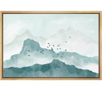 Wall26 Framed Canvas Print Wall Art Green Watercolor Mountains & Birds Nature Wilderness Illustrations Modern