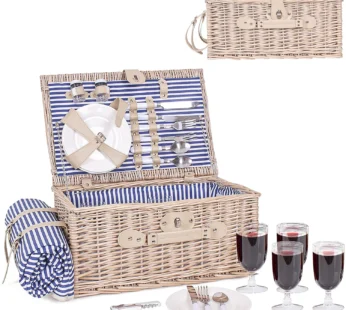 Picnic Basket for 4 Persons, Wicker Picnic Hamper Set with Waterproof Picnic Blanket