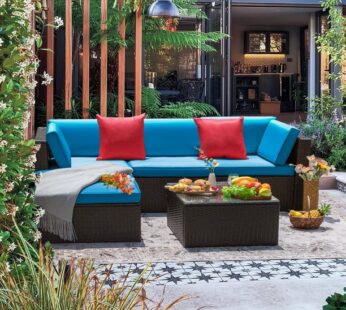 LACOO 5 Pieces Patio Sectional Set PE Rattan All-Weather Conversation Set with Table Blue 83″ L x 55″ W X 25″ H