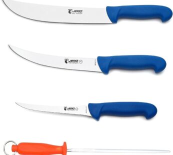 Jero 4 Piece P3 Butcher Meat Processing Set, Cimeter, Breaking, and Boning Knives – Includes Mundial Sharpening Steel