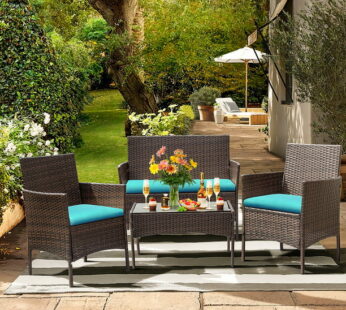 Lacoo 4 Piece Outdoor Patio Furniture Brown PE Rattan Wicker Table and Chairs Set with Cushions